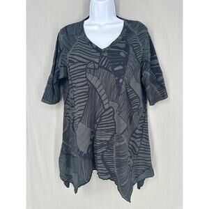 iCantoo Top Womens Small Green Floral Tunic Black Lagenlook Artsy Flowy Boho